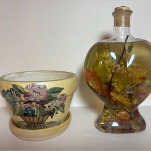 Hand-Painted Floral Planter + Heart-Shaped Glass Bottle w/ Dried Flowers Decor